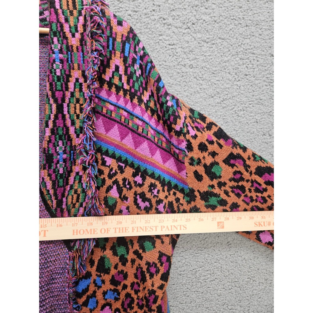 Farm Rio Cardigan Sweater M Multicolor Leopard Geometric Fringe Belted Boho - Picture 6 of 8